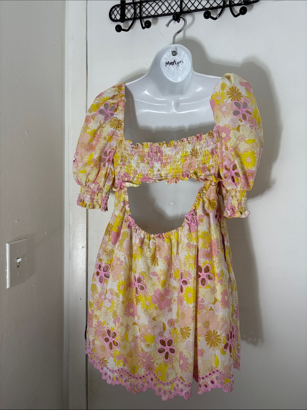 For Love And Lemons Pink and Yellow Floral Puff Sleeve Mini Dress - Picture 4 of 4